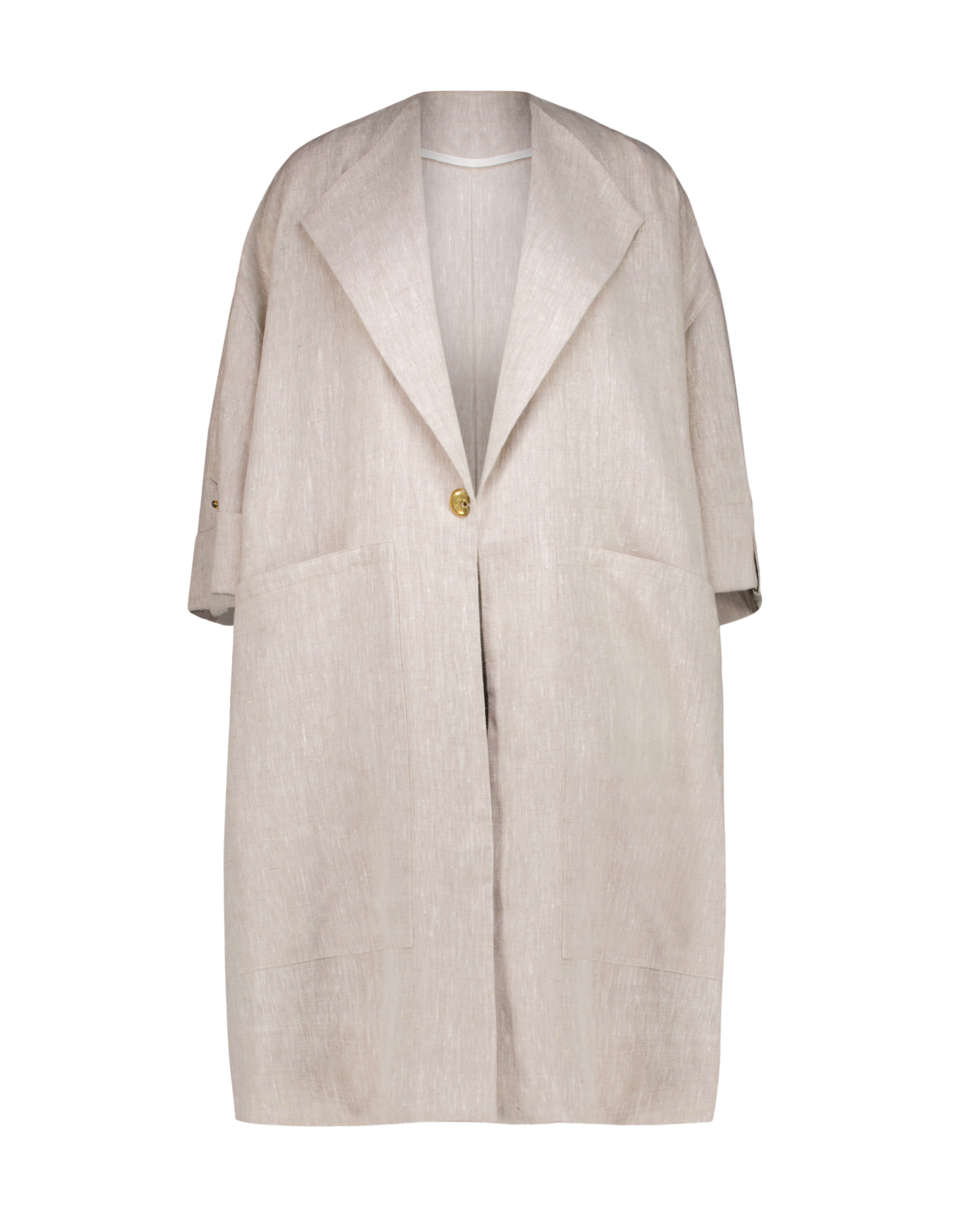 Front flatlay view of the Echo linen coat by MAATHI Paris in natural beige linen