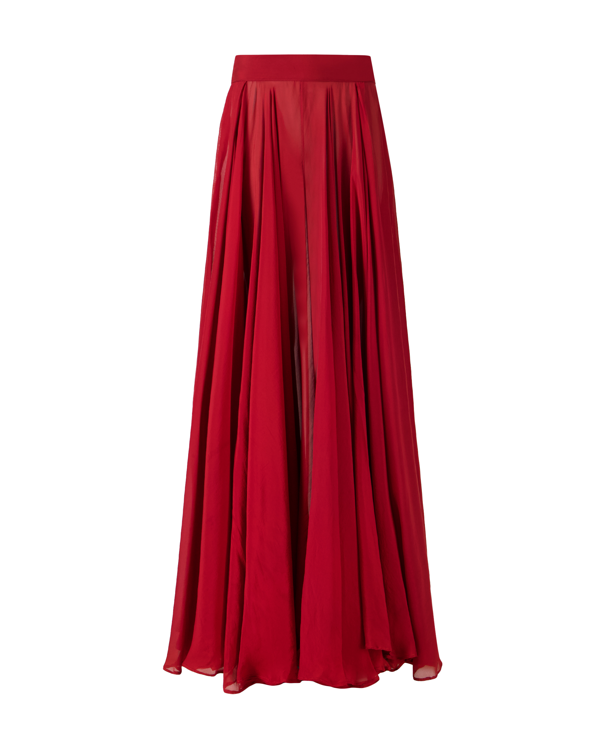 Front flatlay view of the MAATHI Paris red mulberry silk skirt with a fluid flared silhouette.