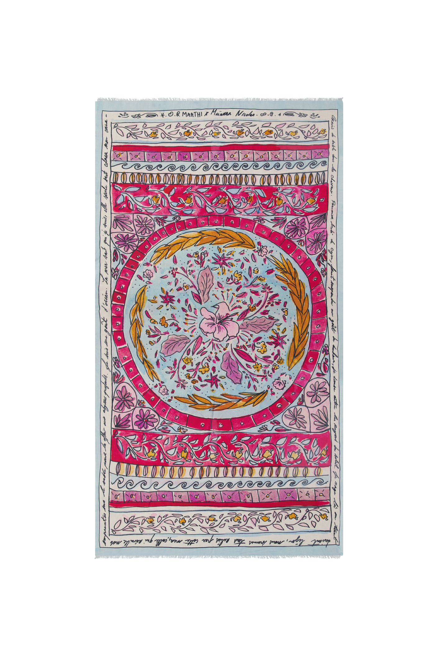 Flat-lay of the Shore cotton sarong featuring the Fleur de Cajou artist print in vibrant pink, orange, and cream tones.