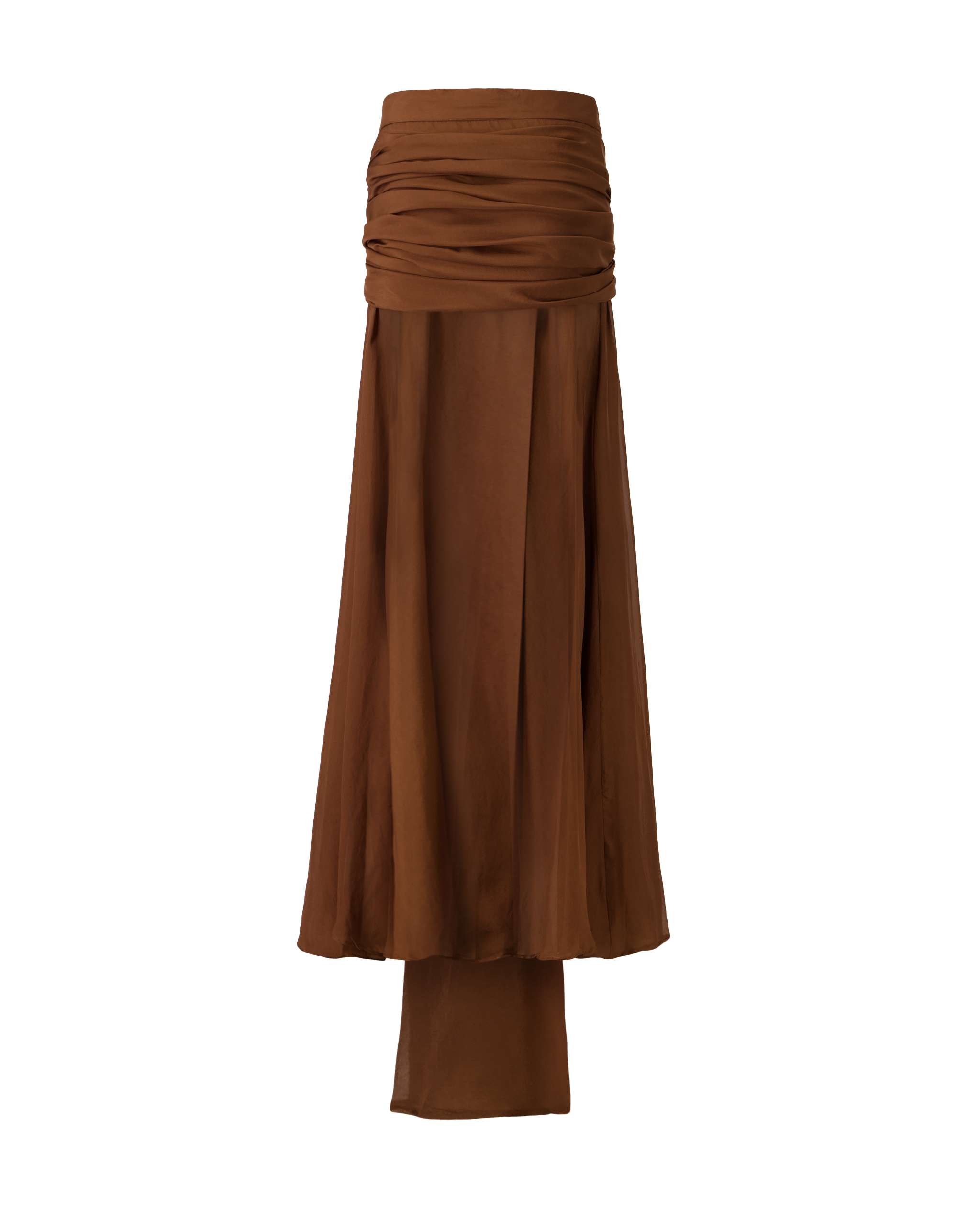 Back view of the Current silk wrap skirt by MAATHI Paris in brown silk