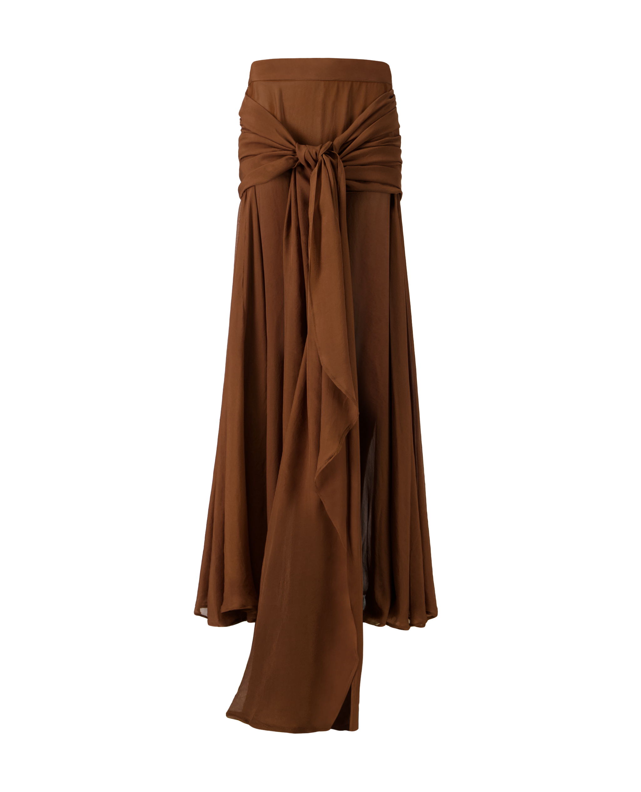 Front view of the Current silk wrap skirt by MAATHI Paris in flowing brown silk.