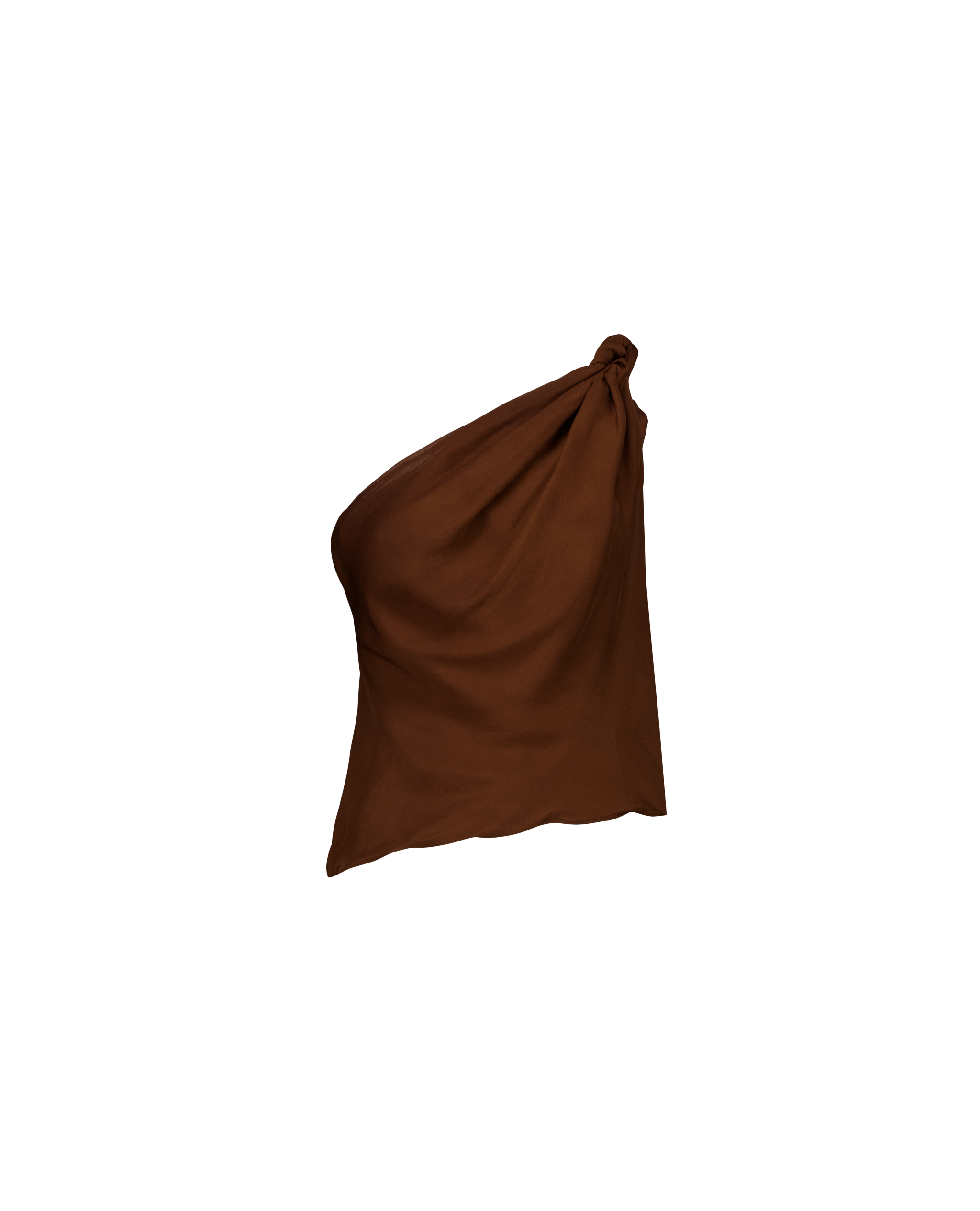 Front view of the Ebb Silk Knot Top in silky brown fabric, featuring a gathered knot detail and fluid drape.