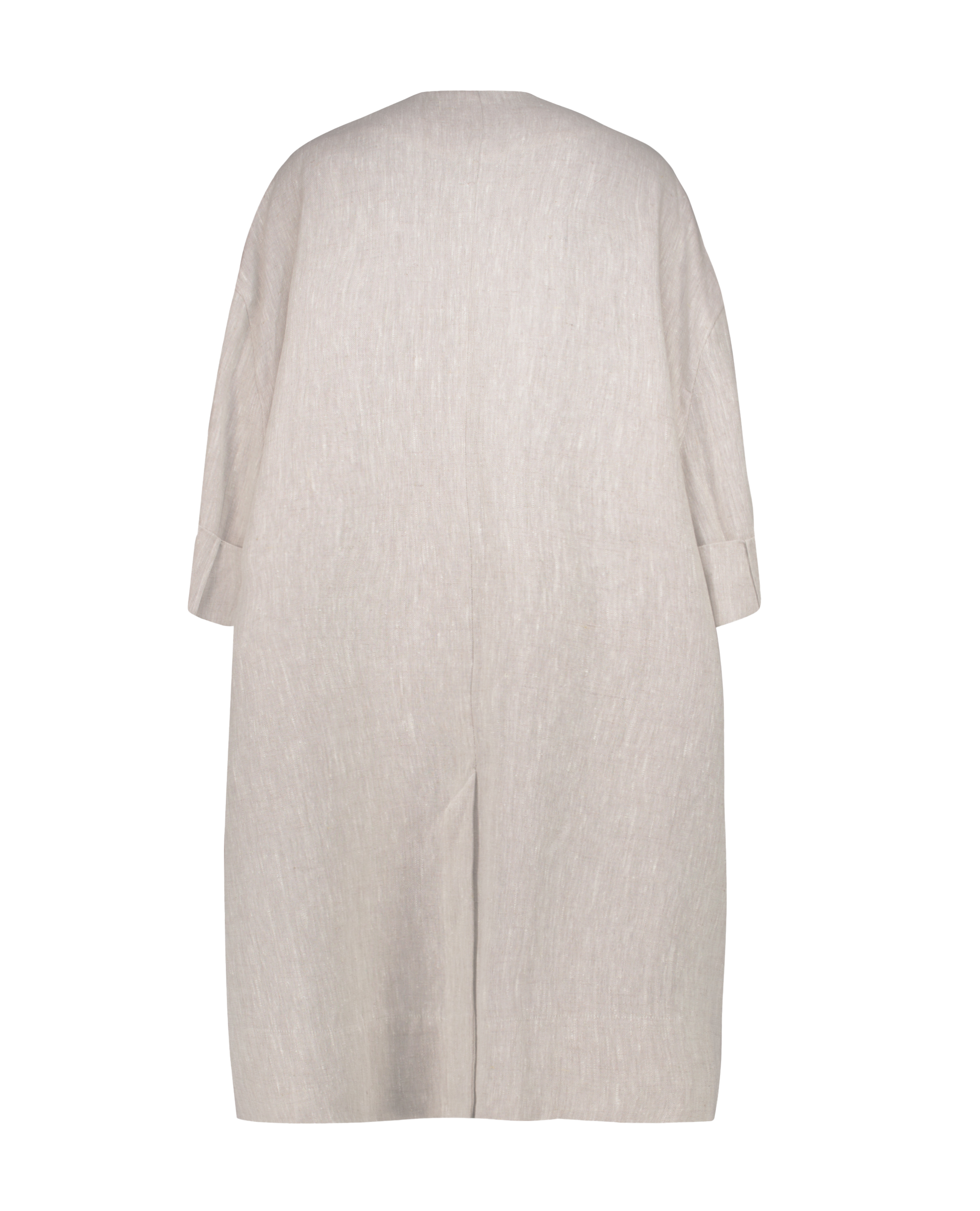 Back flatlay view of the Echo linen coat by MAATHI Paris in textured natural linen.
