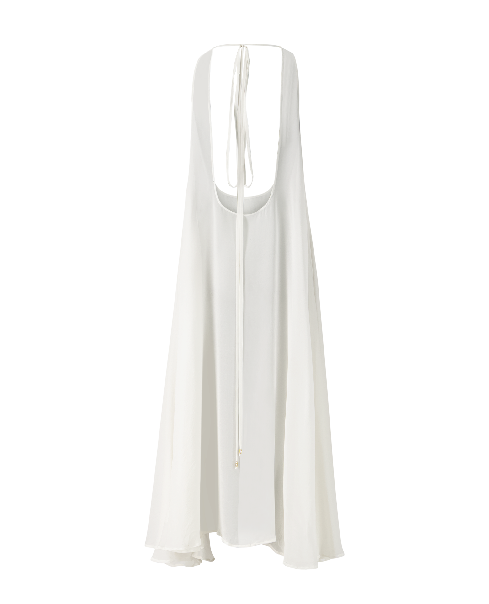 Back flatlay view of the Mirage sheer silk overlay by MAATHI Paris in Salt Mist with elongated flowing silhouette.